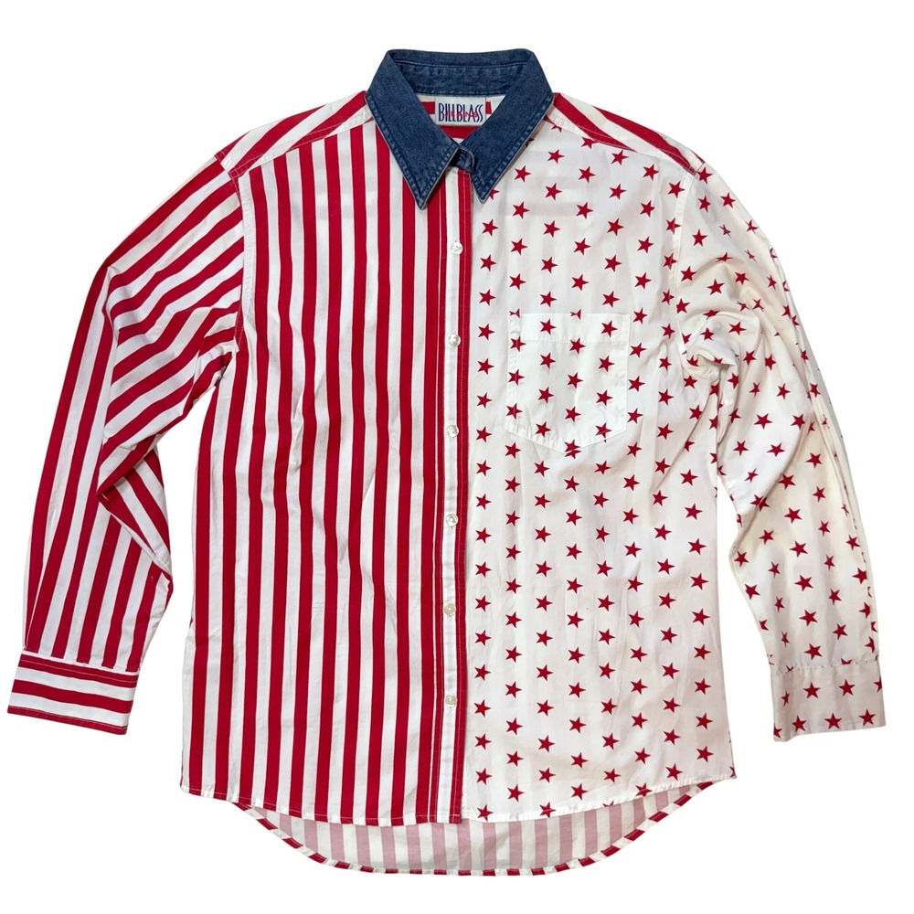 Vintage Bill Blass 00s Americana Button Down Stars Stripes Denim Collar Small
